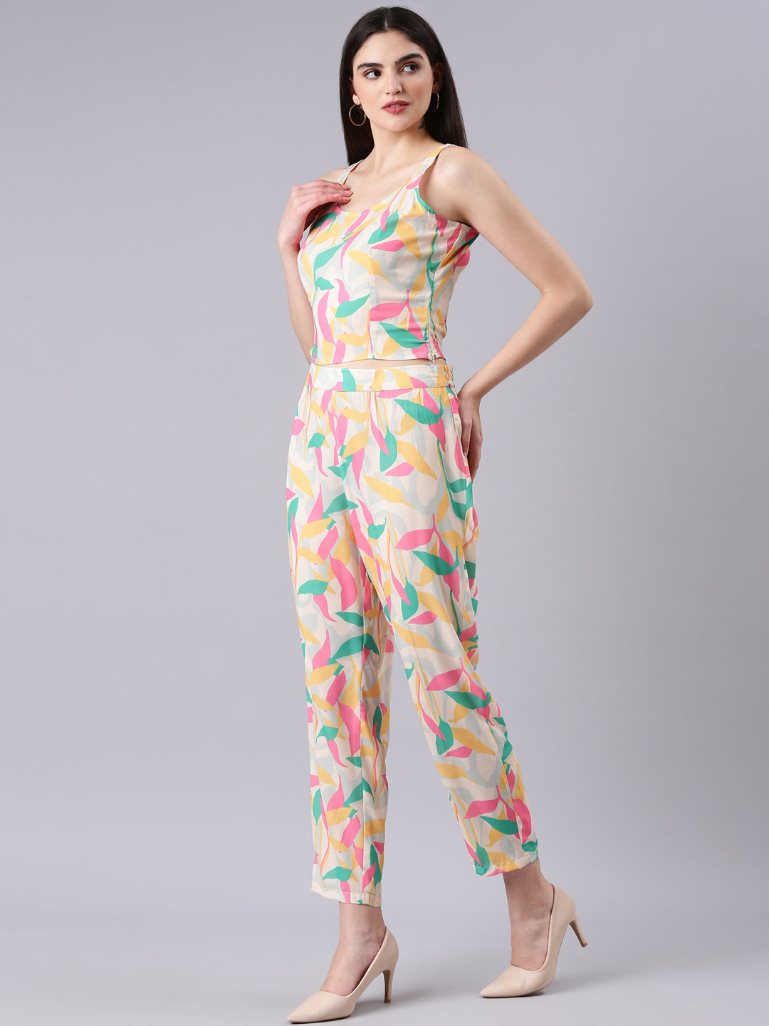 Women's Cream Printed Top With Trousers Co-Ords