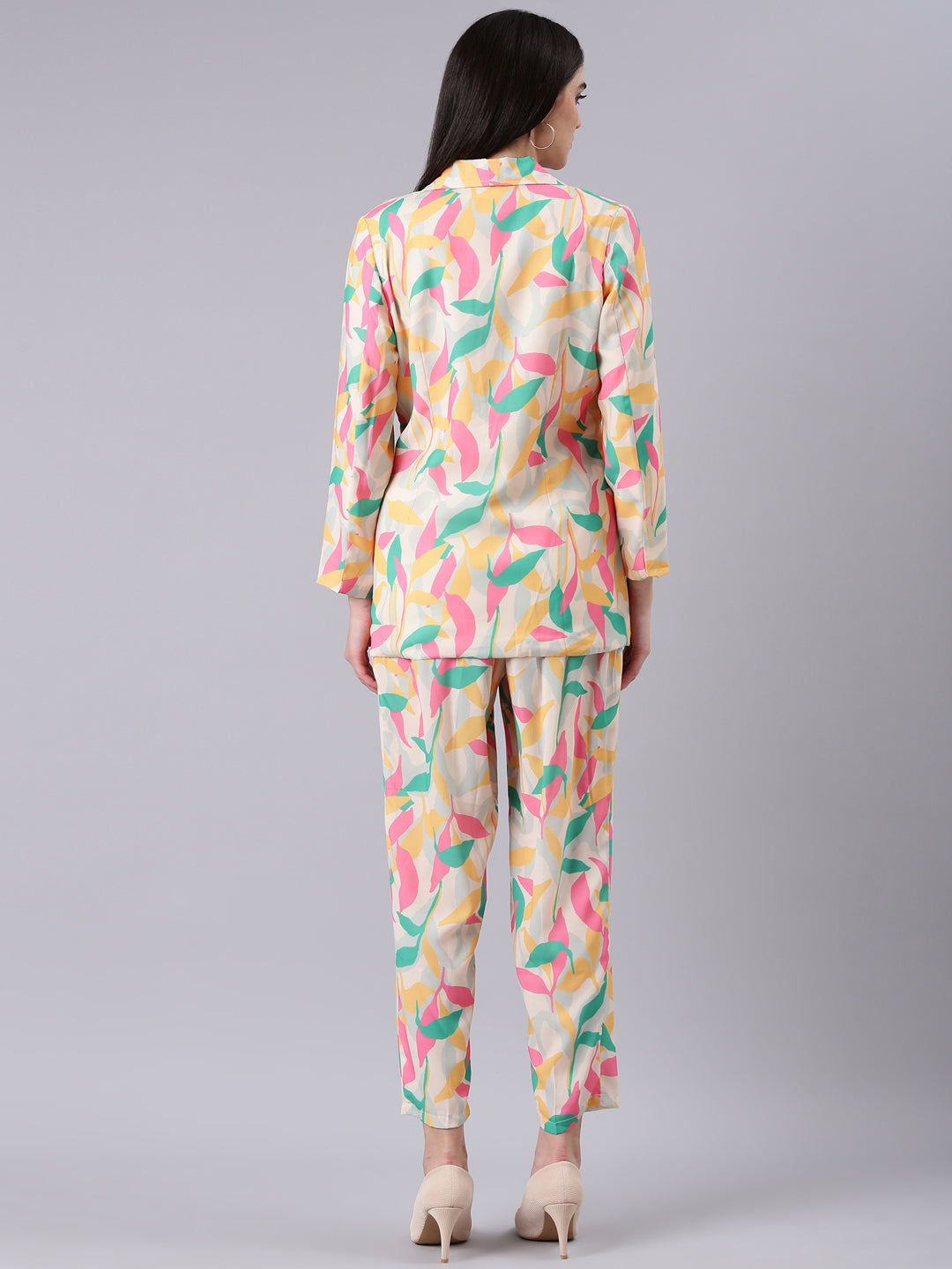 Women's Cream Printed Top With Trousers Co-Ords