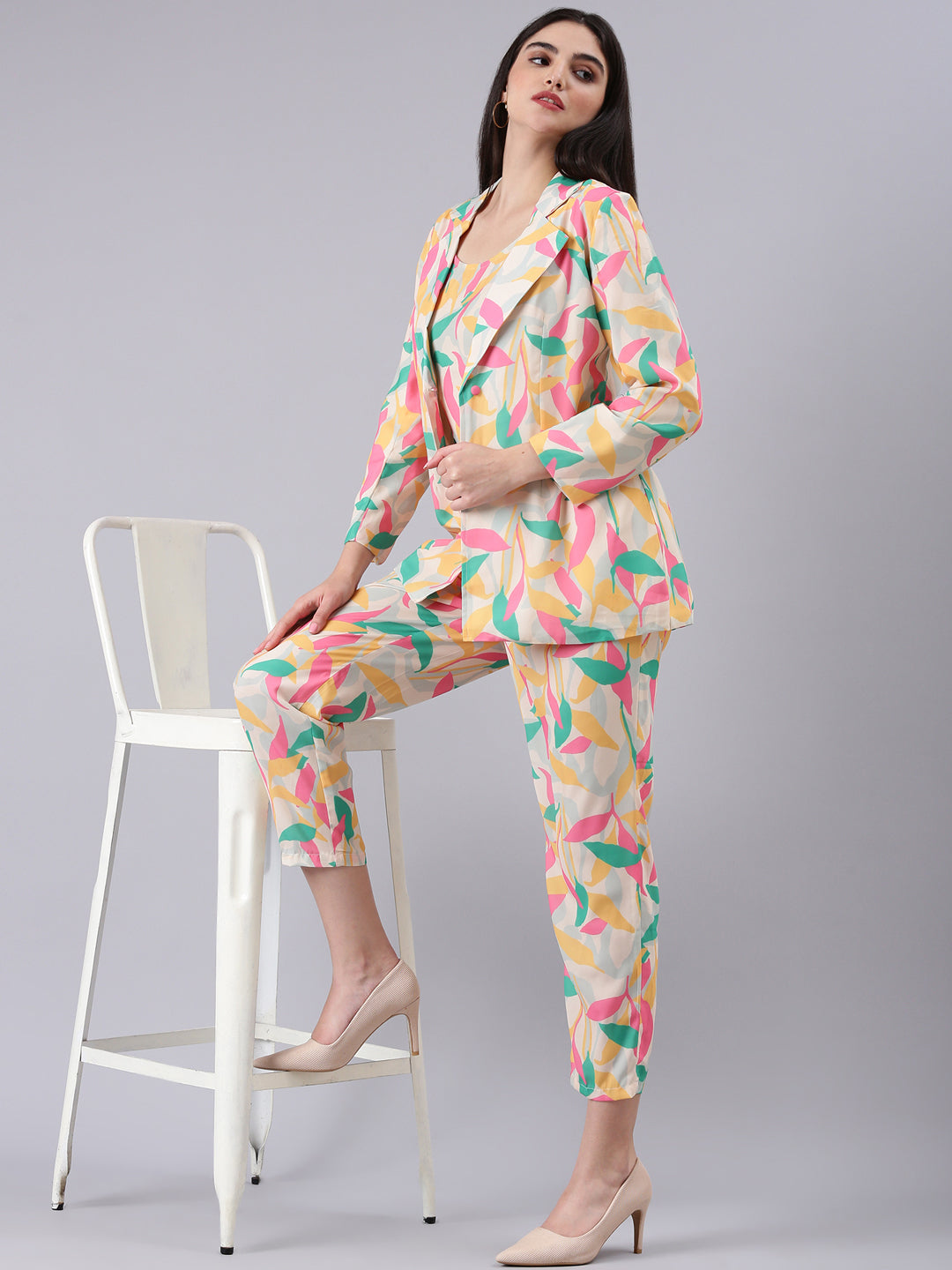 Women's Cream Printed Top With Trousers Co-Ords