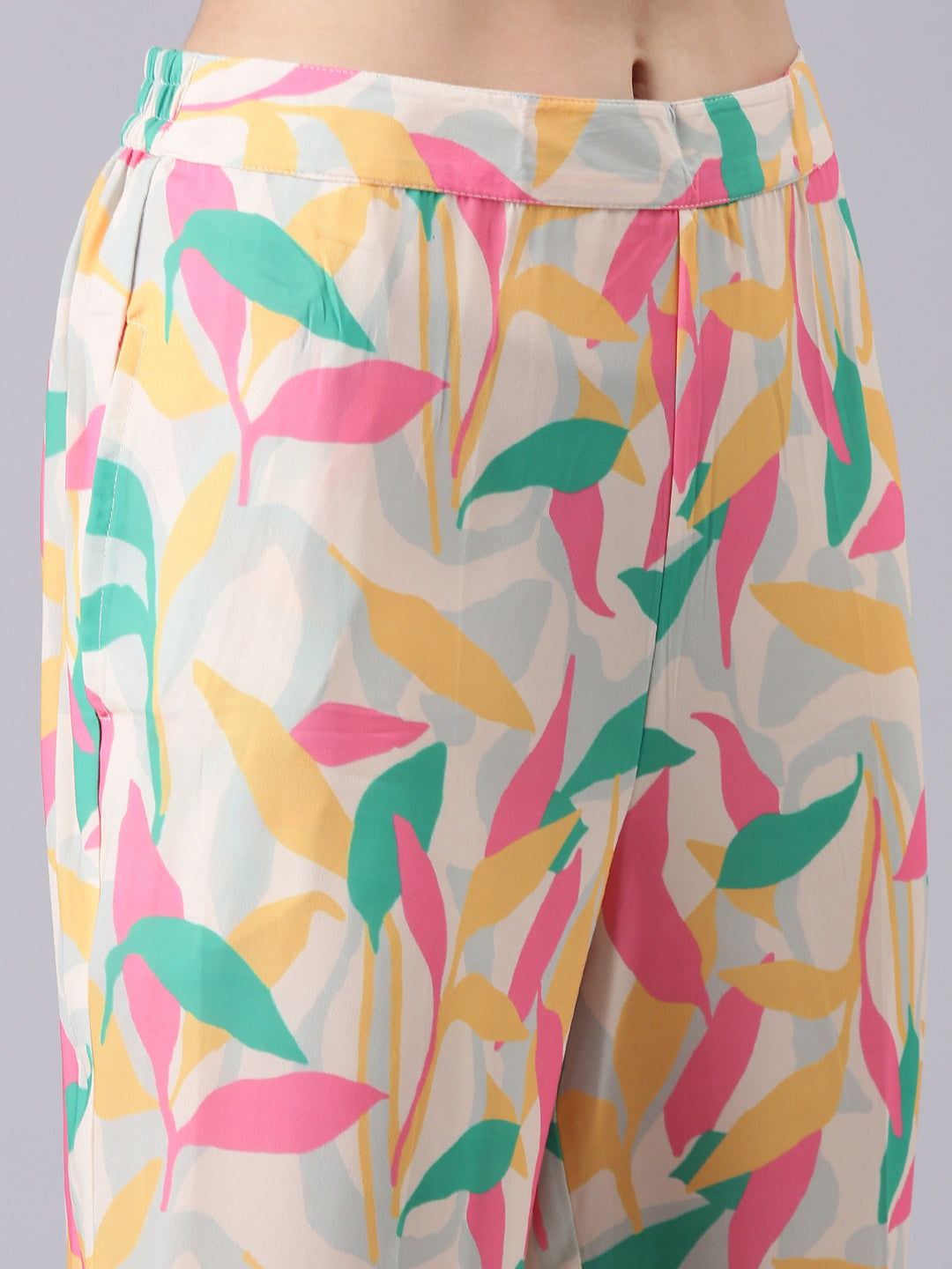 Women's Cream Printed Top With Trousers Co-Ords