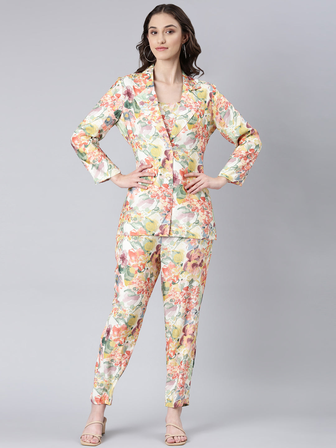 Women Cream Printed Co-Ords