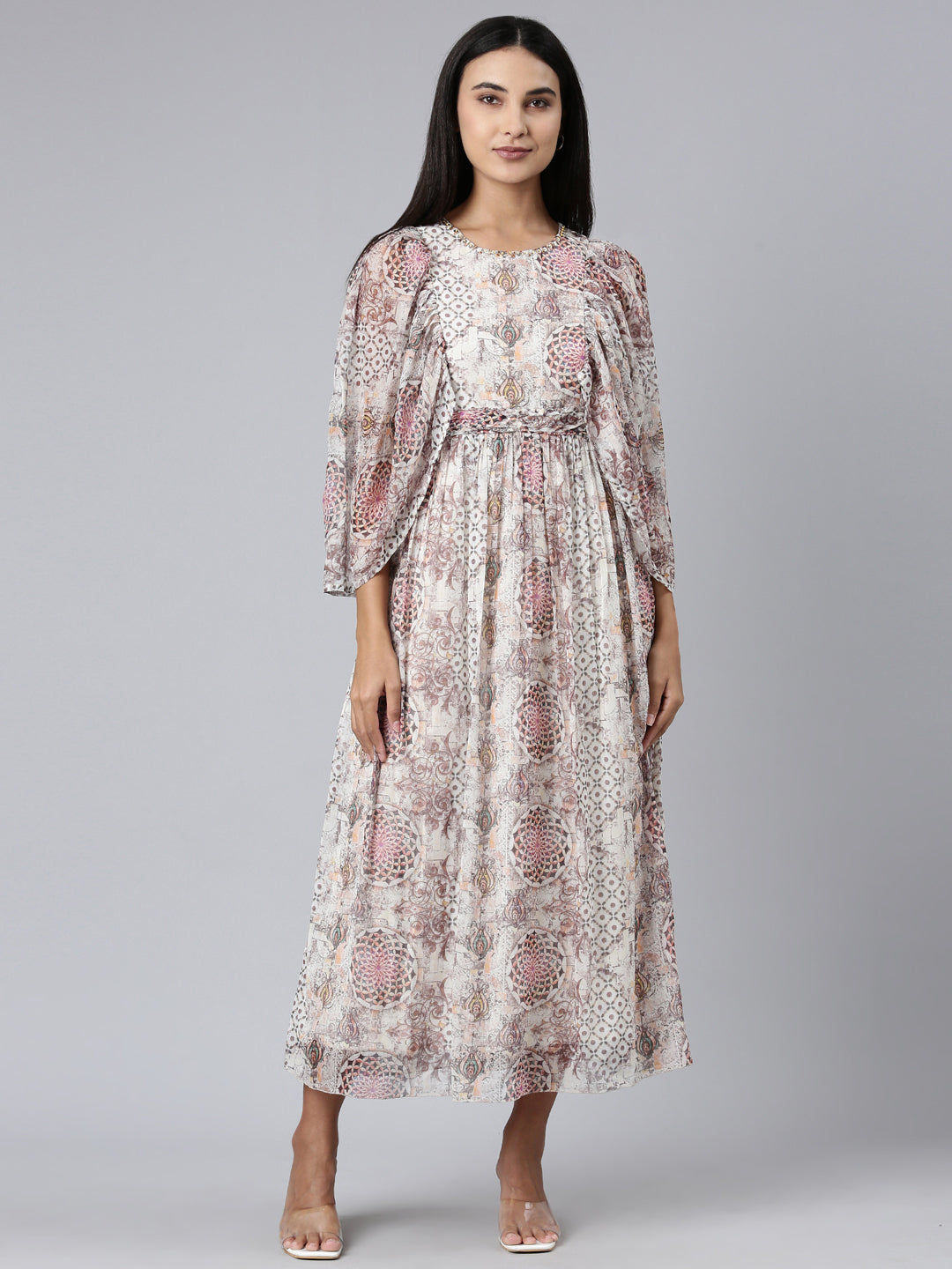 Women Off White Printed Fit and Flare Dress