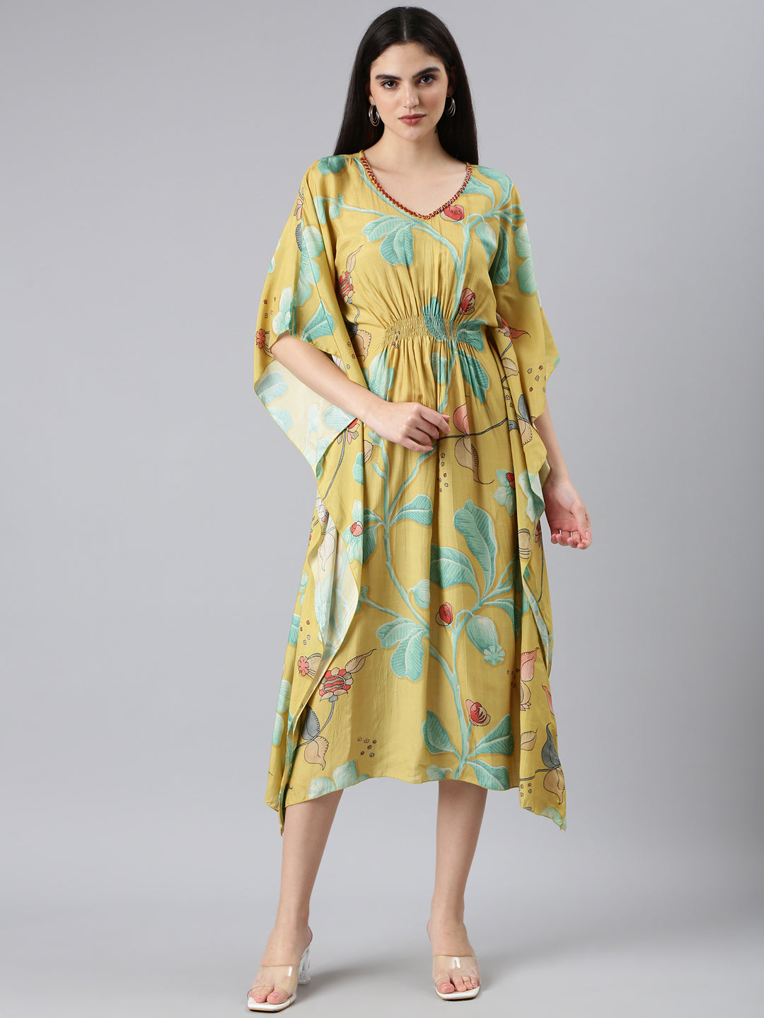 Women's Yellow Floral Kaftan Dress