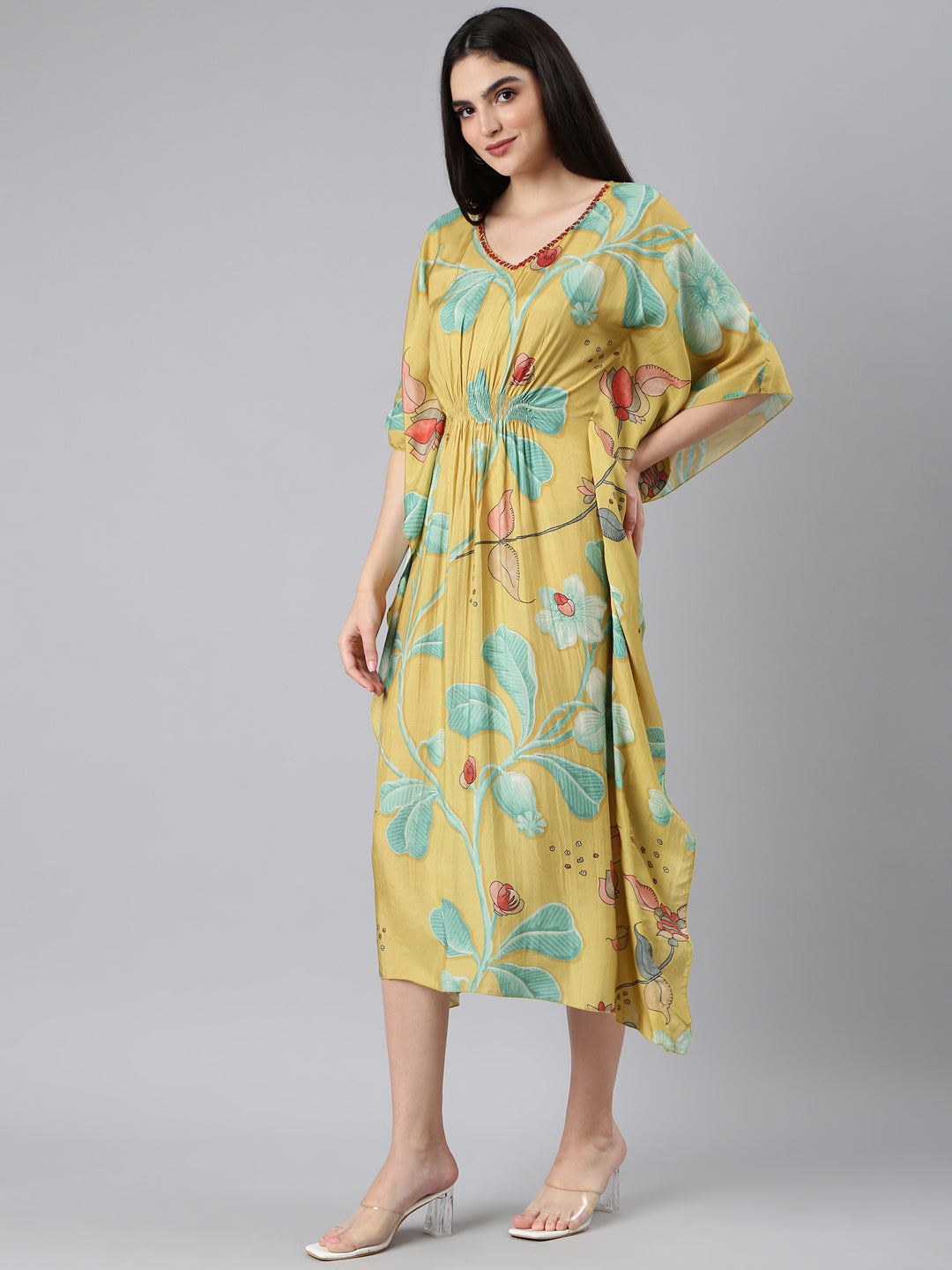 Women's Yellow Floral Kaftan Dress