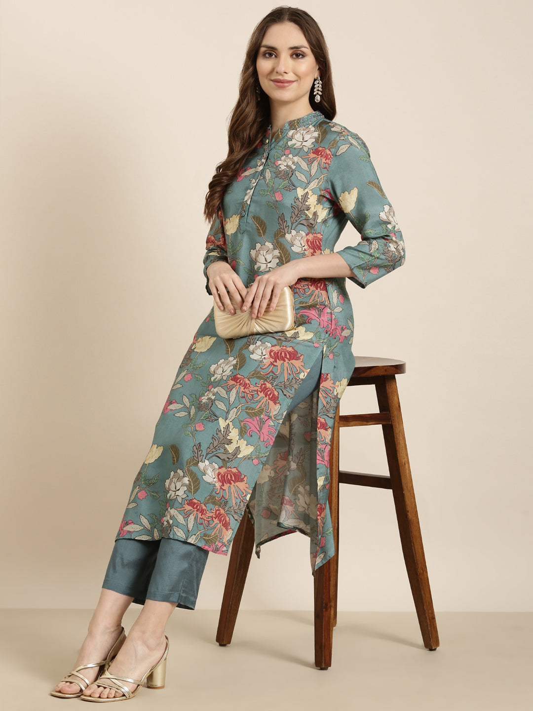 Women's Straight Teal Floral Kurta and Trousers Set