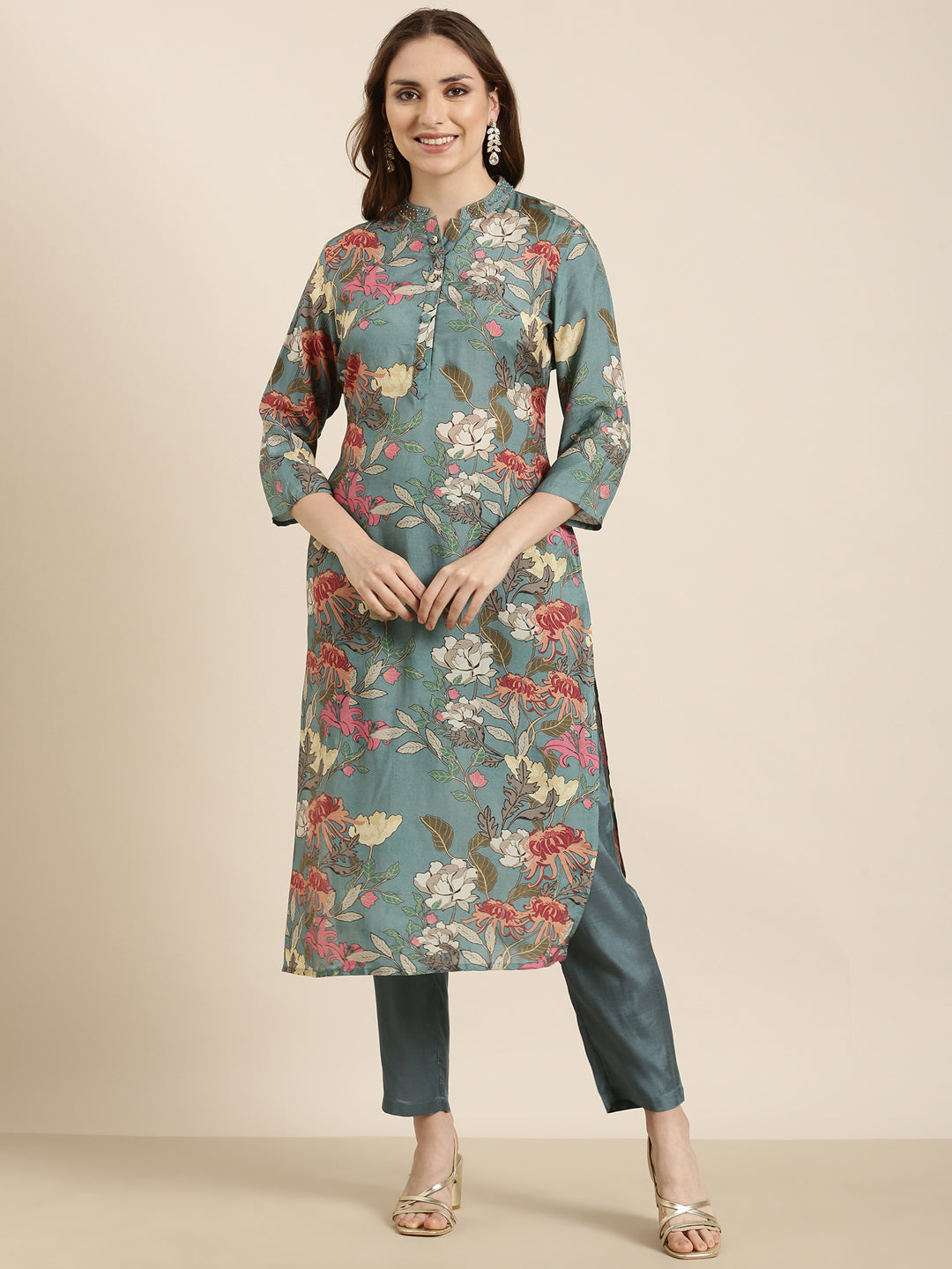 Women's Straight Teal Floral Kurta and Trousers Set