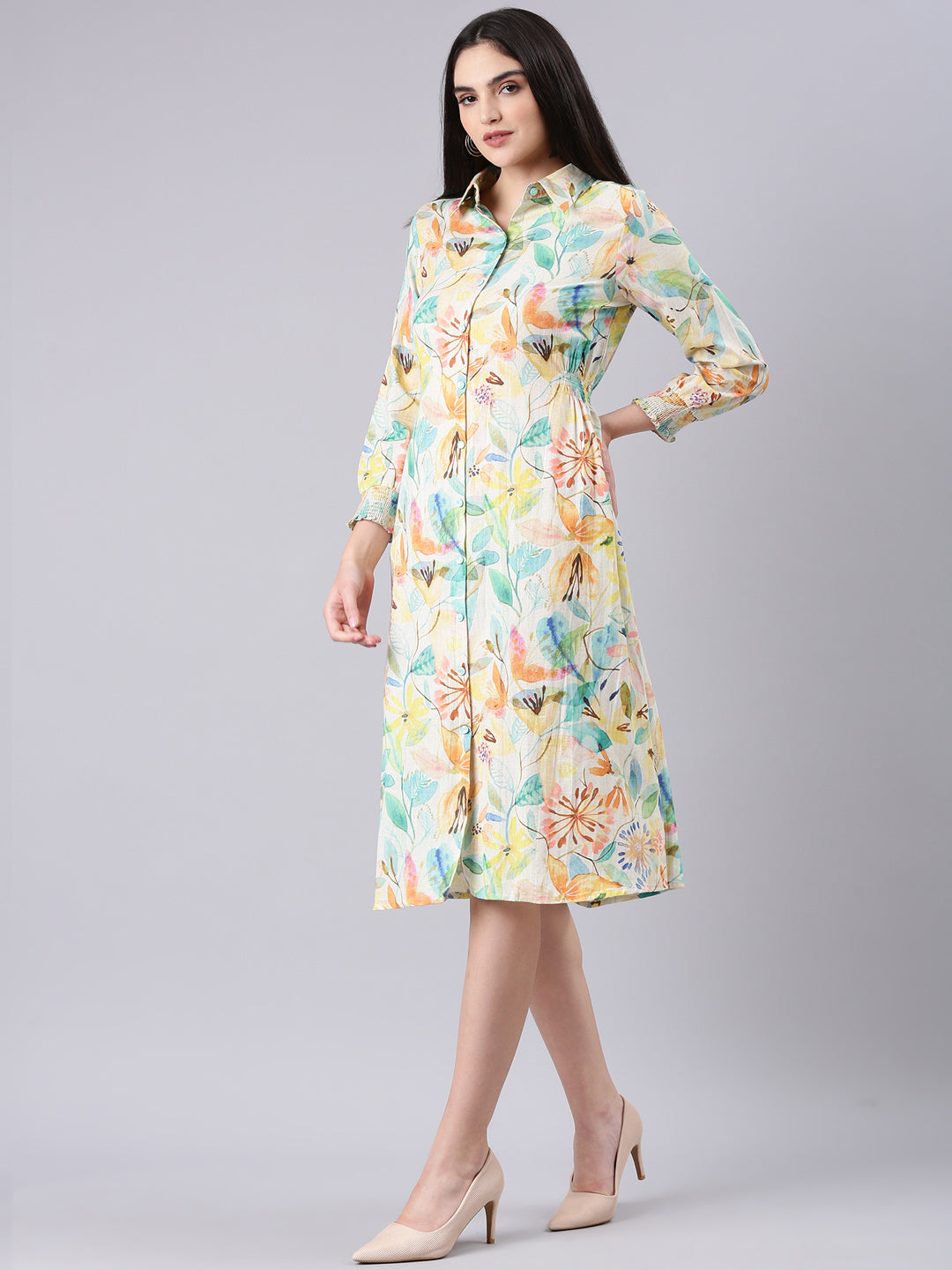 Women's Cream Floral Print A-Line Midi Dress