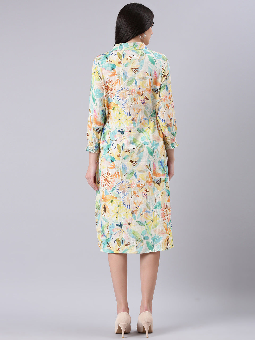 Women's Cream Floral Print A-Line Midi Dress