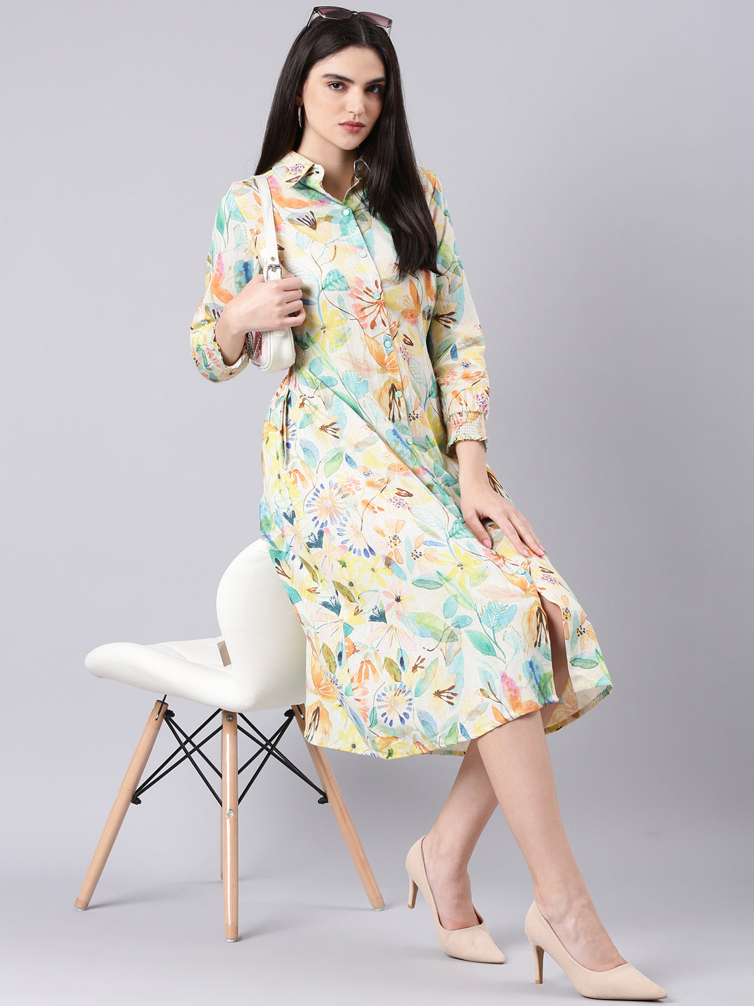 Women's Cream Floral Print A-Line Midi Dress