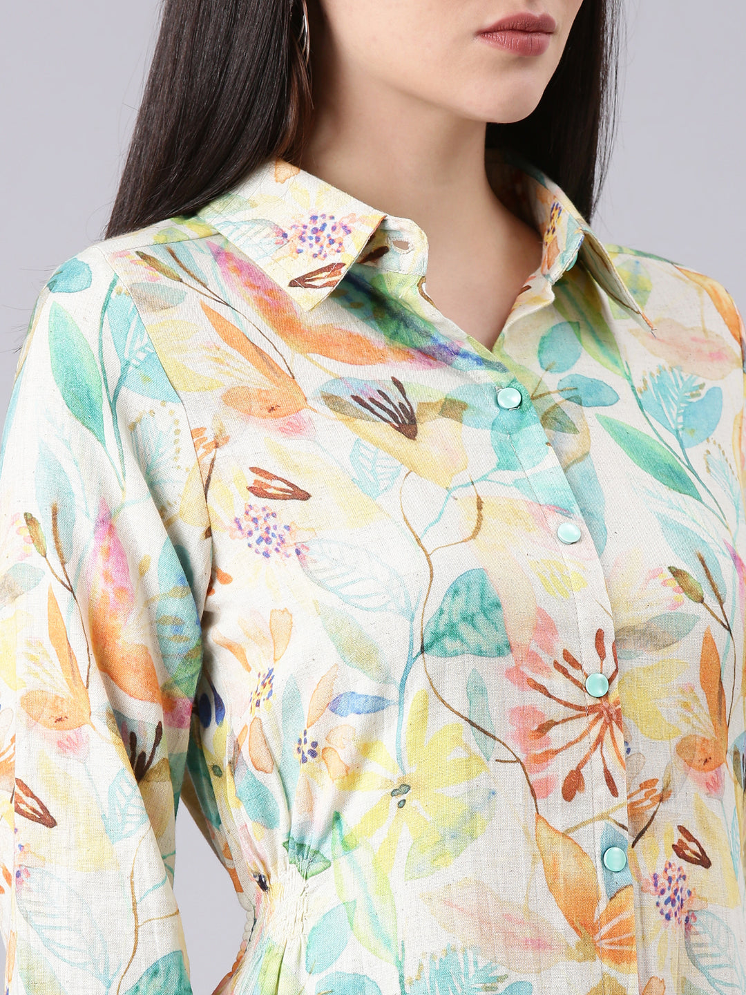 Women's Cream Floral Print A-Line Midi Dress