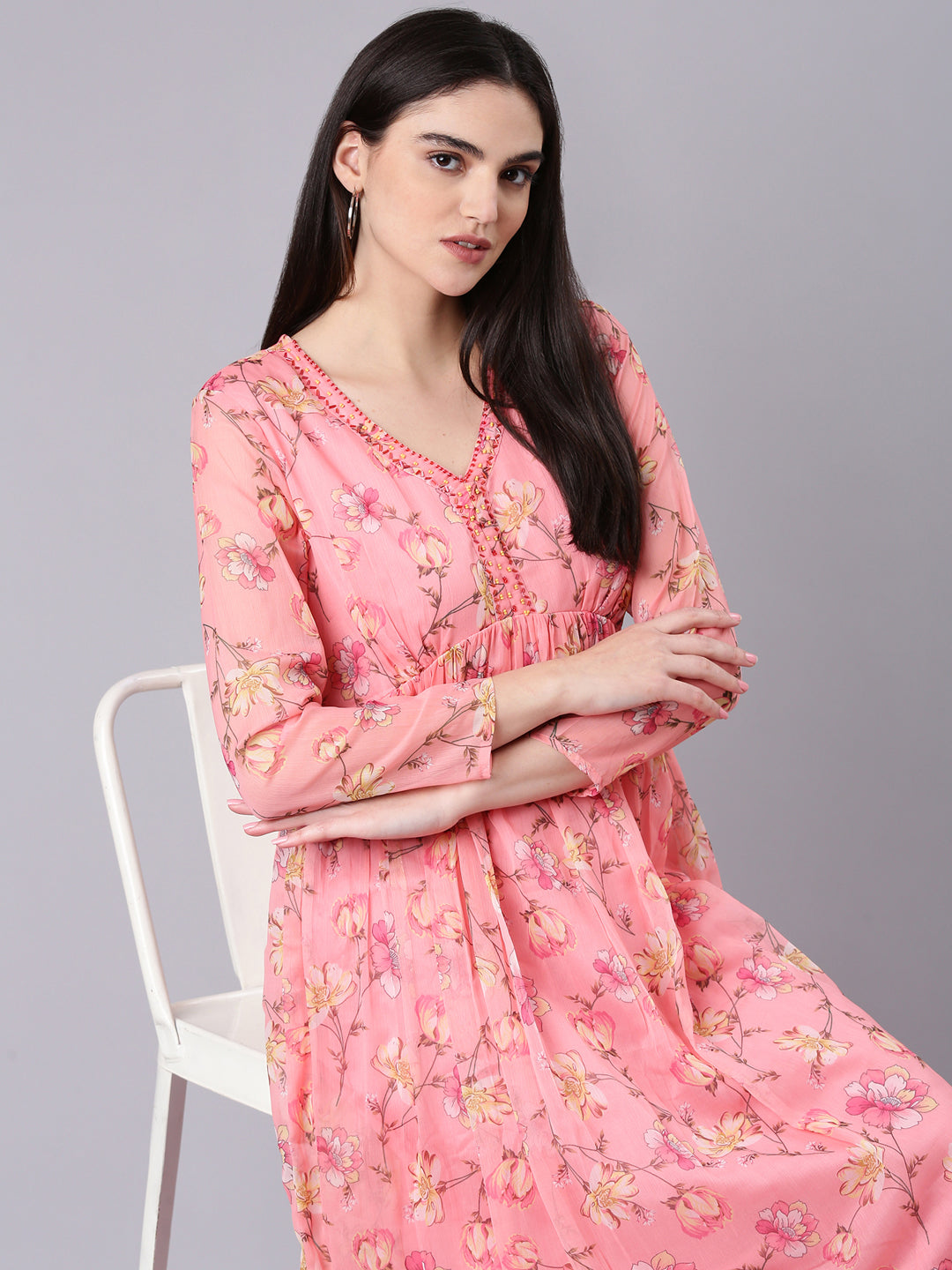 Women Peach Floral Empire Dress