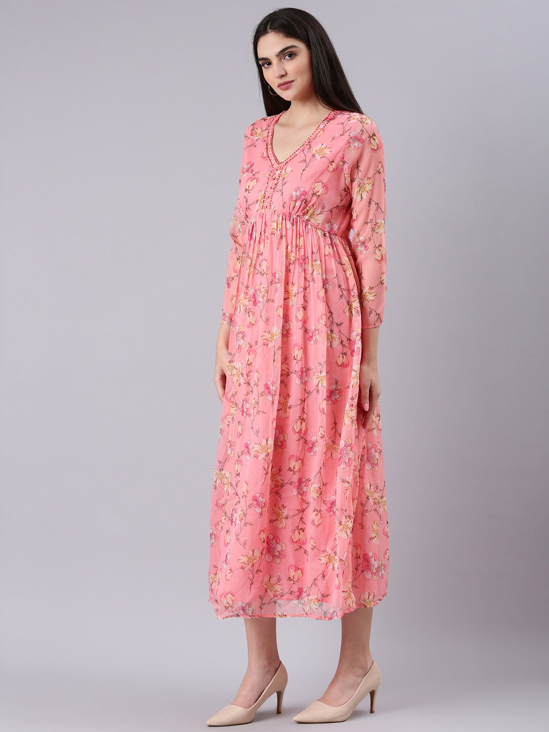 Women Peach Floral Empire Dress