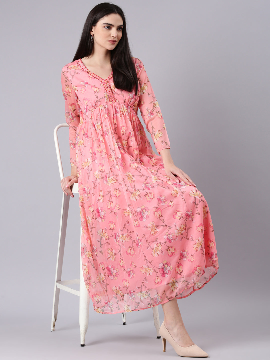 Women Peach Floral Empire Dress