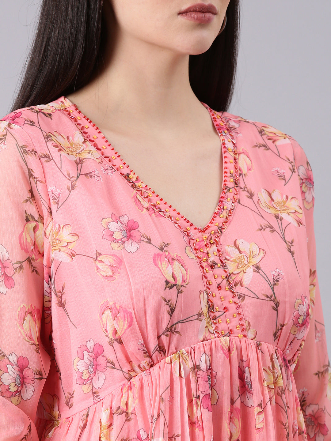 Women Peach Floral Empire Dress