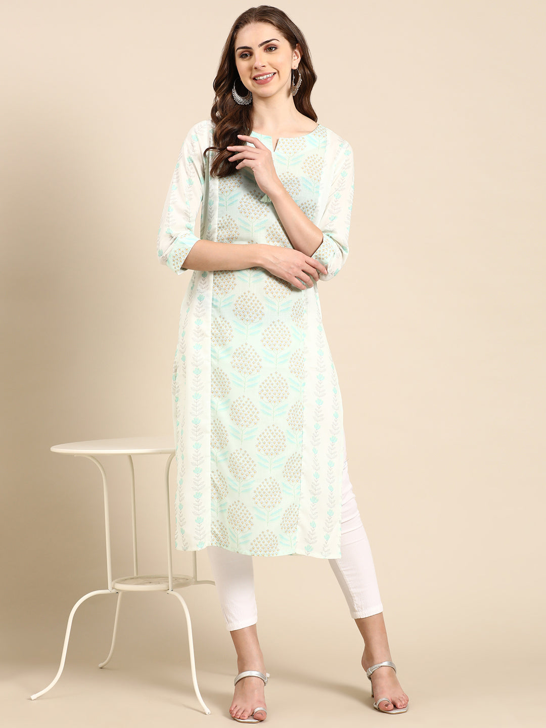 Women's Sea Green Printed Straight Kurta