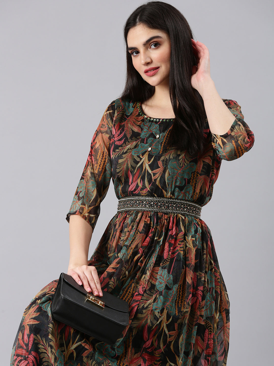Women's Black Floral Fit and Flare Dress