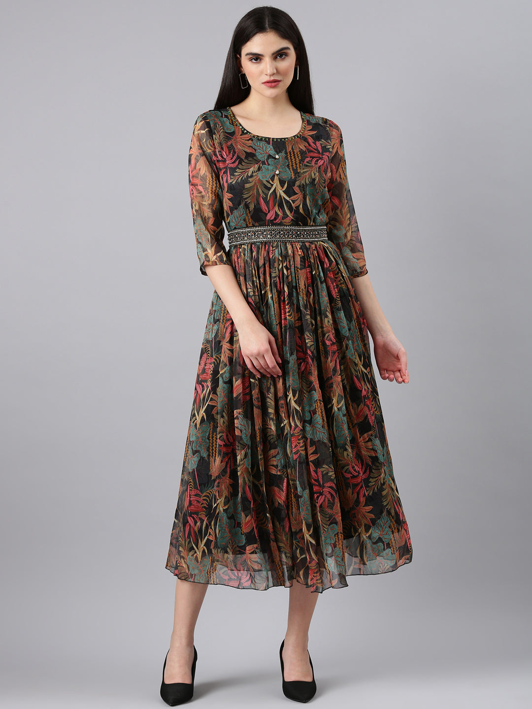 Women's Black Floral Fit and Flare Dress