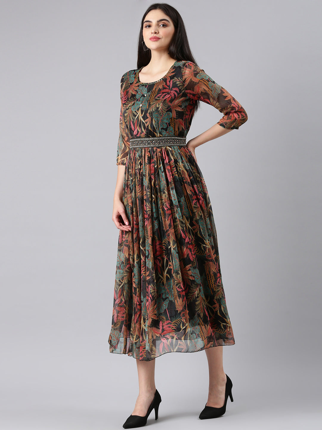 Women's Black Floral Fit and Flare Dress