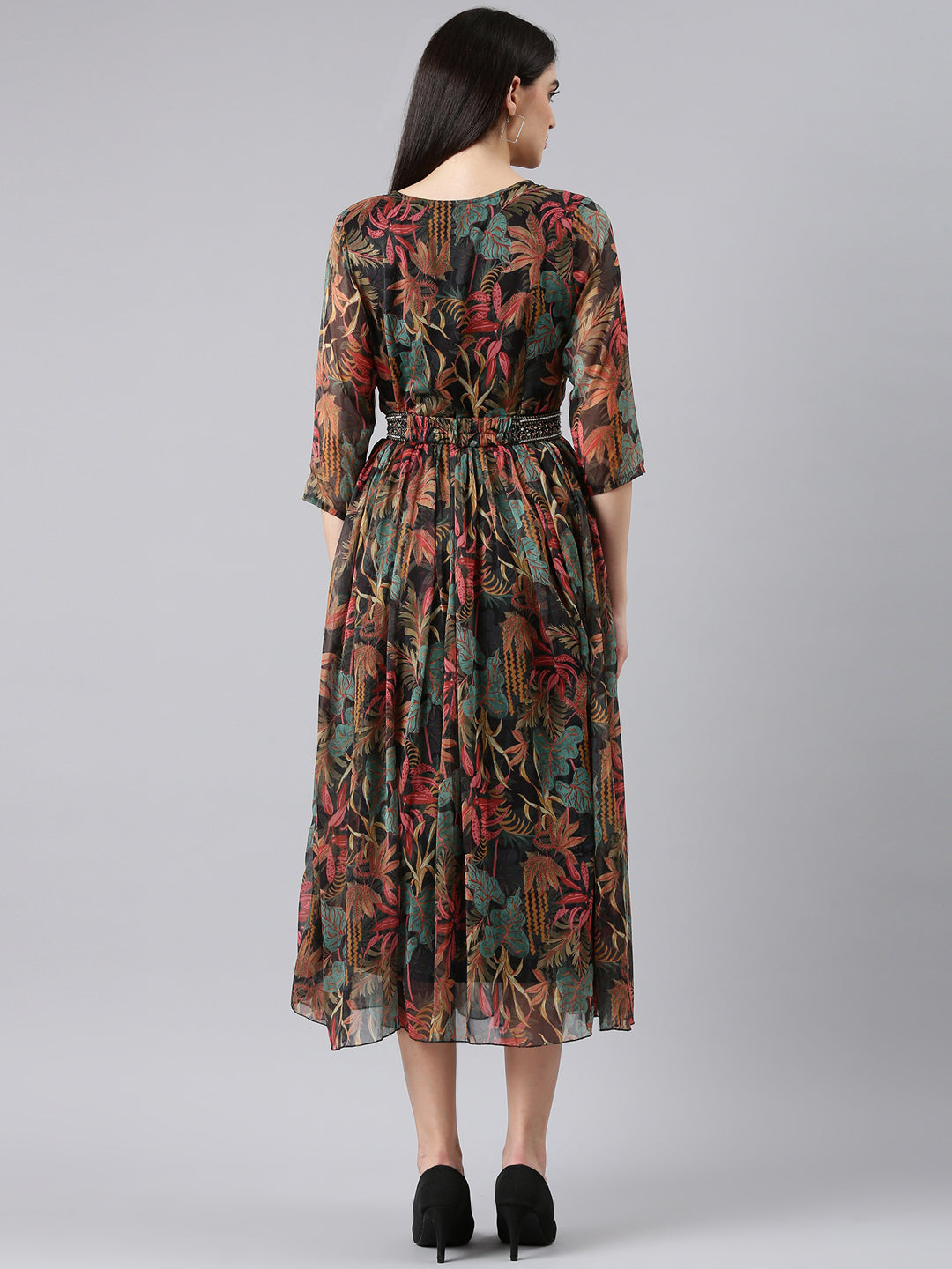 Women's Black Floral Fit and Flare Dress