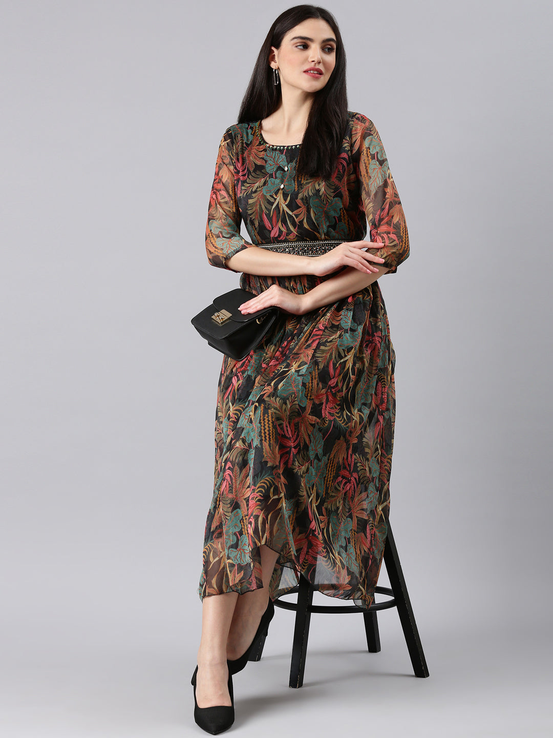 Women's Black Floral Fit and Flare Dress