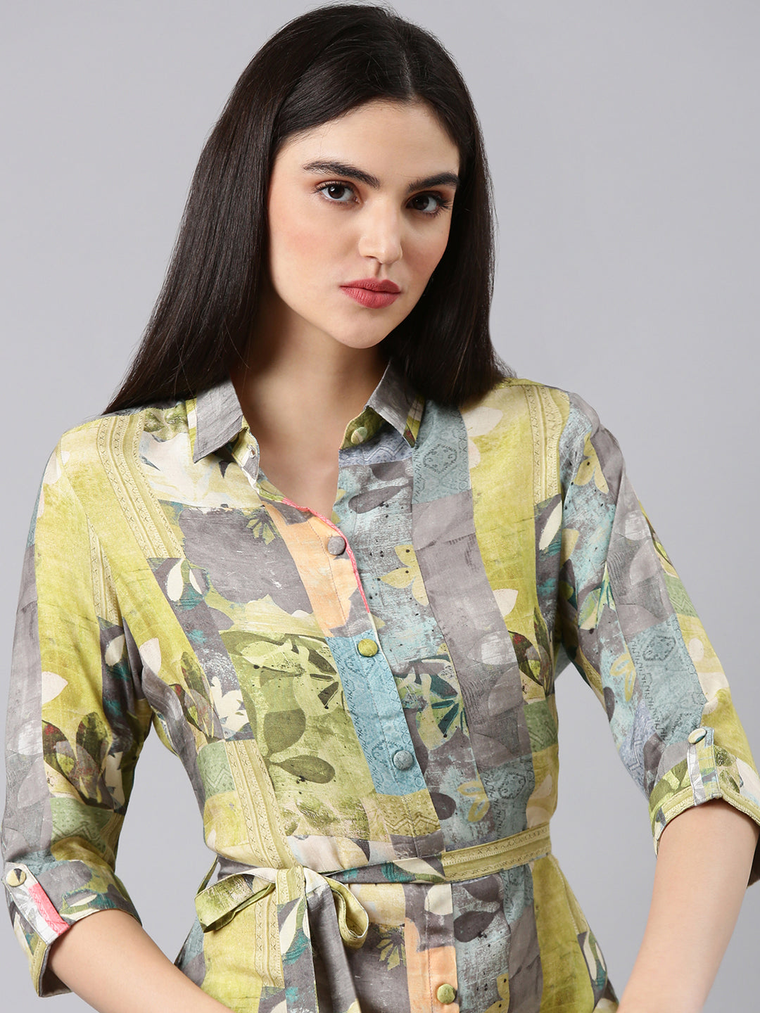 Women's Lime Green Printed Shirt Dress