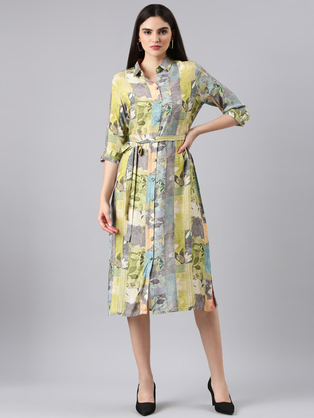 Women's Lime Green Printed Shirt Dress