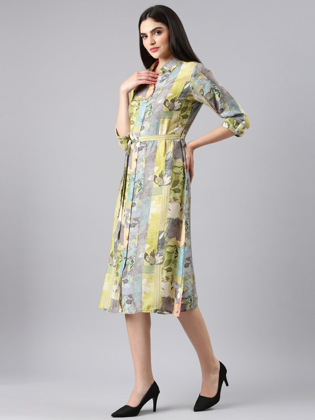 Women's Lime Green Printed Shirt Dress
