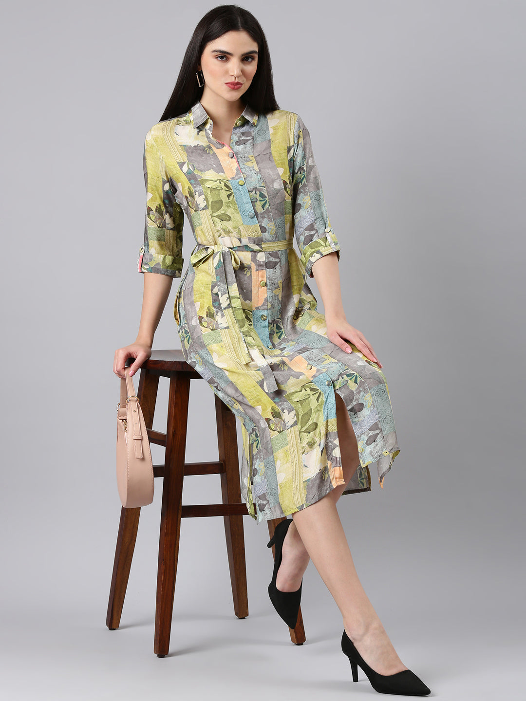 Women's Lime Green Printed Shirt Dress