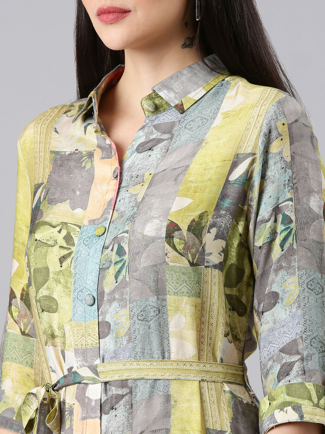 Women's Lime Green Printed Shirt Dress