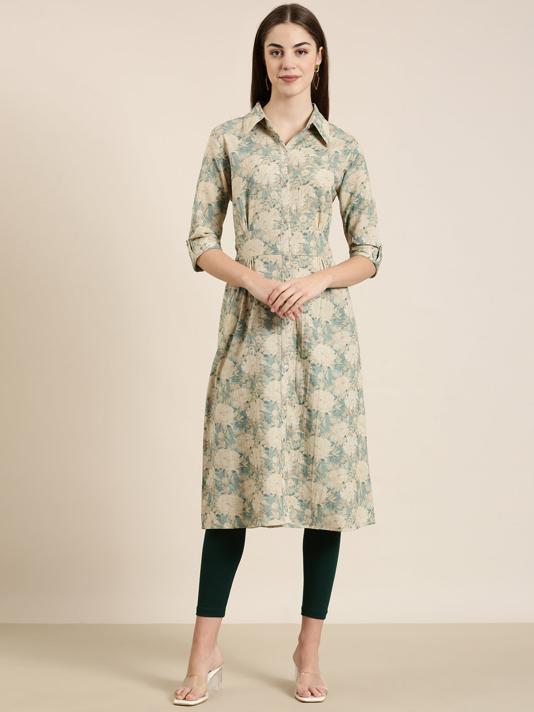 Women Beige Floral A-Line Kurta