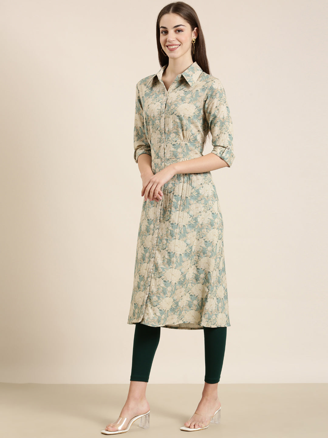 Women Beige Floral A-Line Kurta