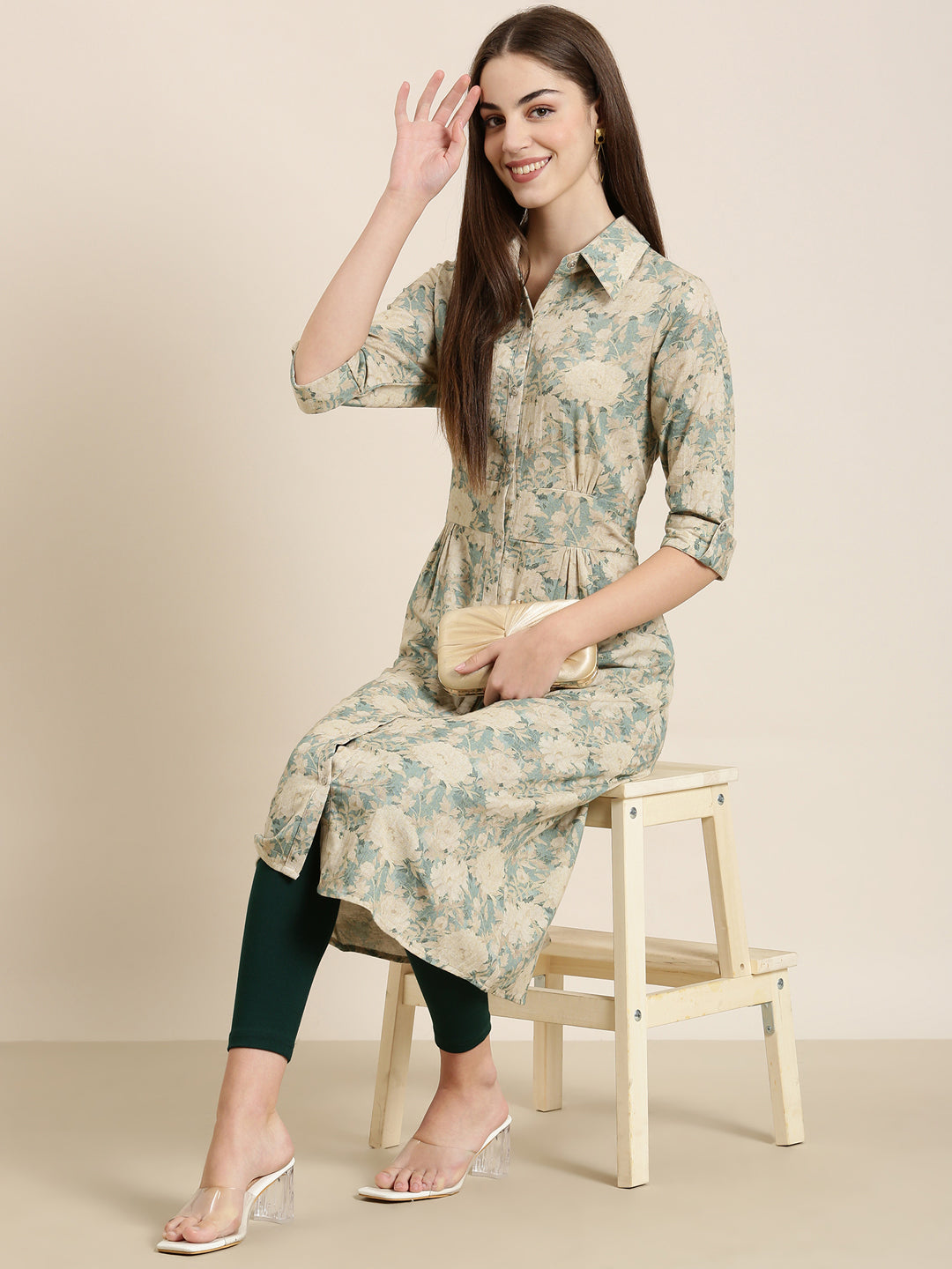 Women Beige Floral A-Line Kurta