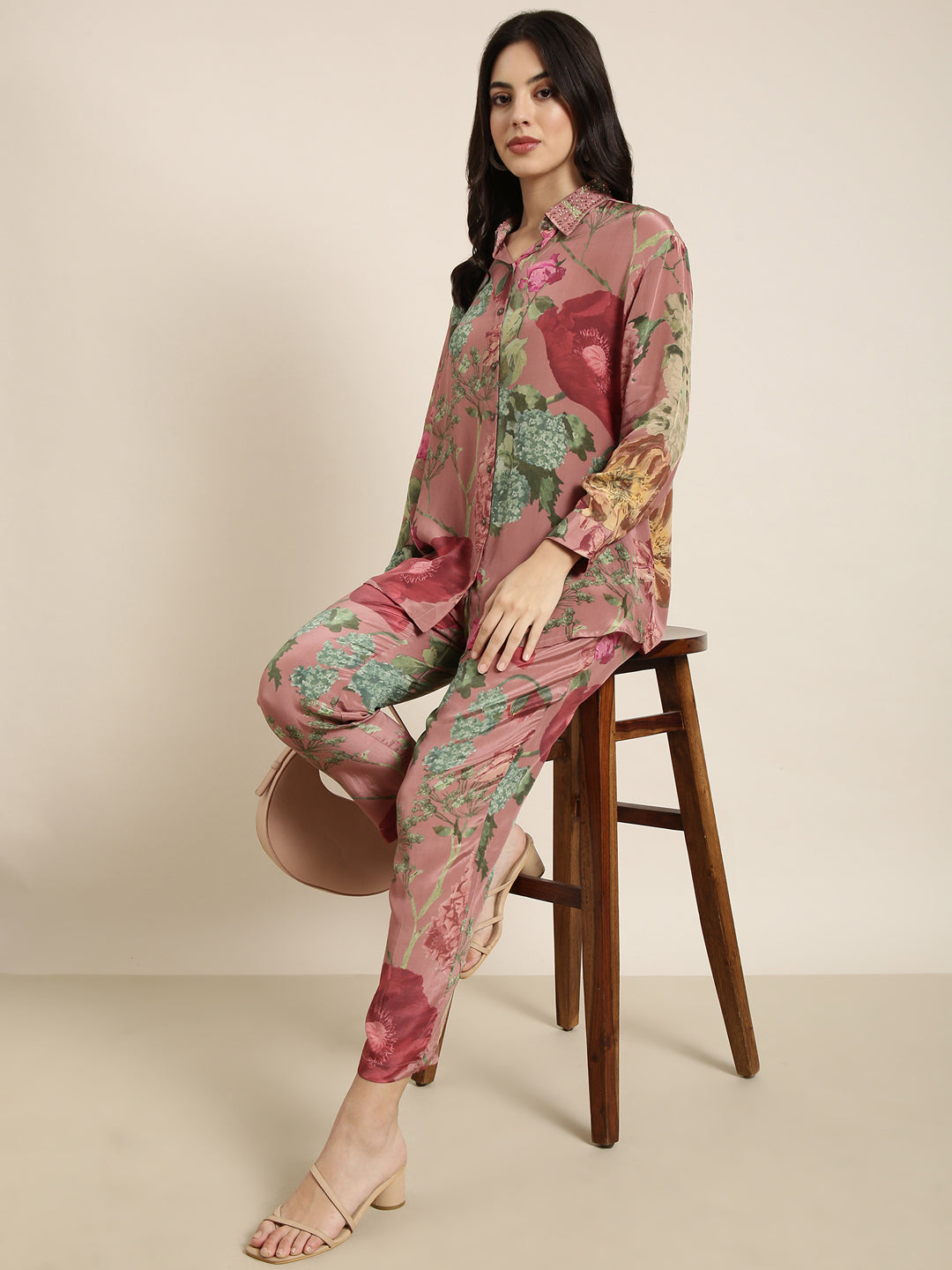 Women Oversized Peach Printed Top & Palazzos Set