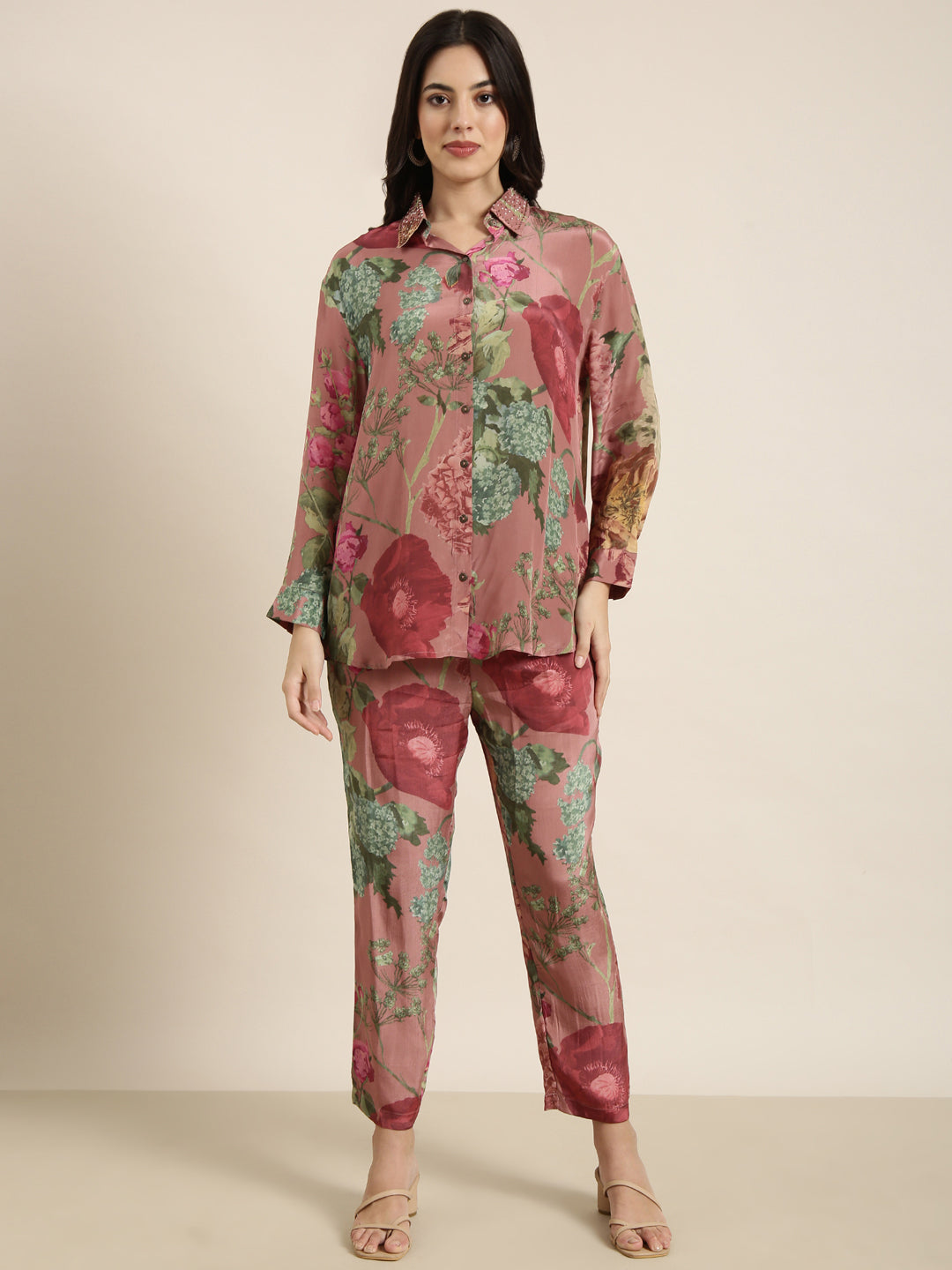 Women Oversized Peach Printed Top & Palazzos Set