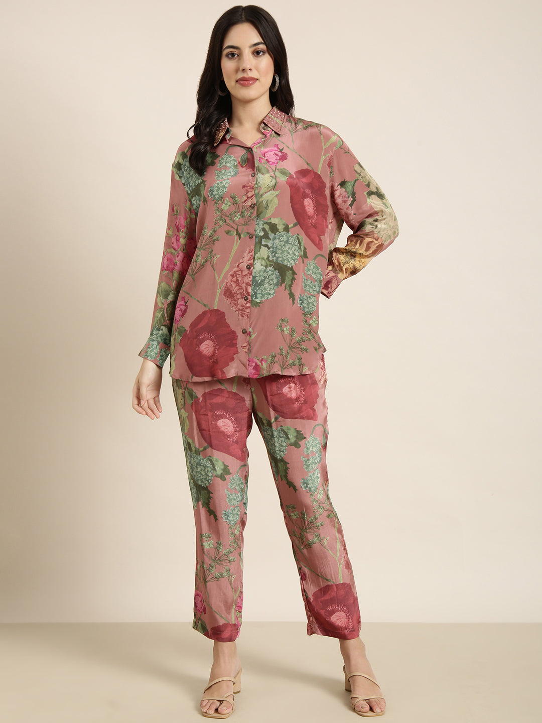 Women Oversized Peach Printed Top & Palazzos Set