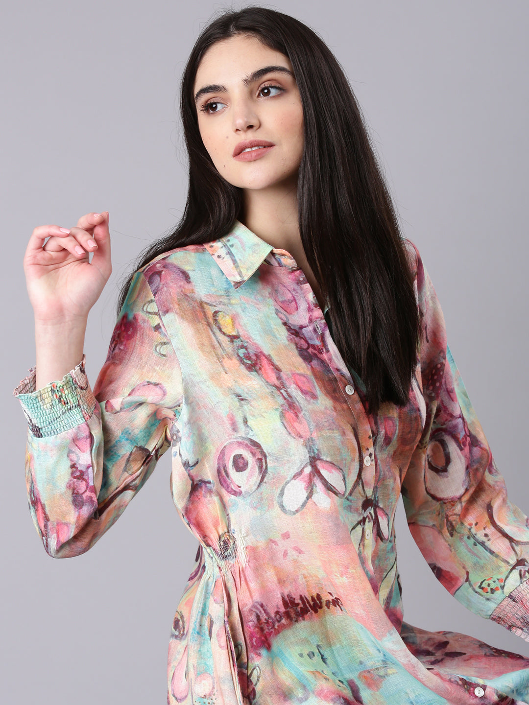 Women Peach Printed Shirt Dress