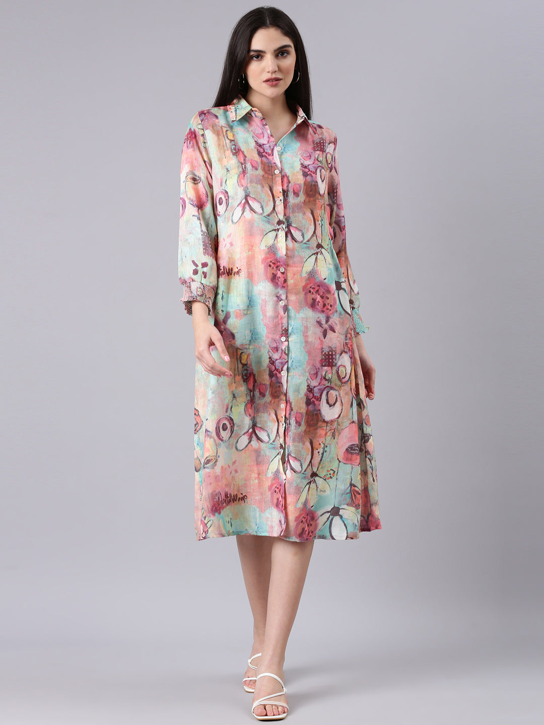 Women Peach Printed Shirt Dress