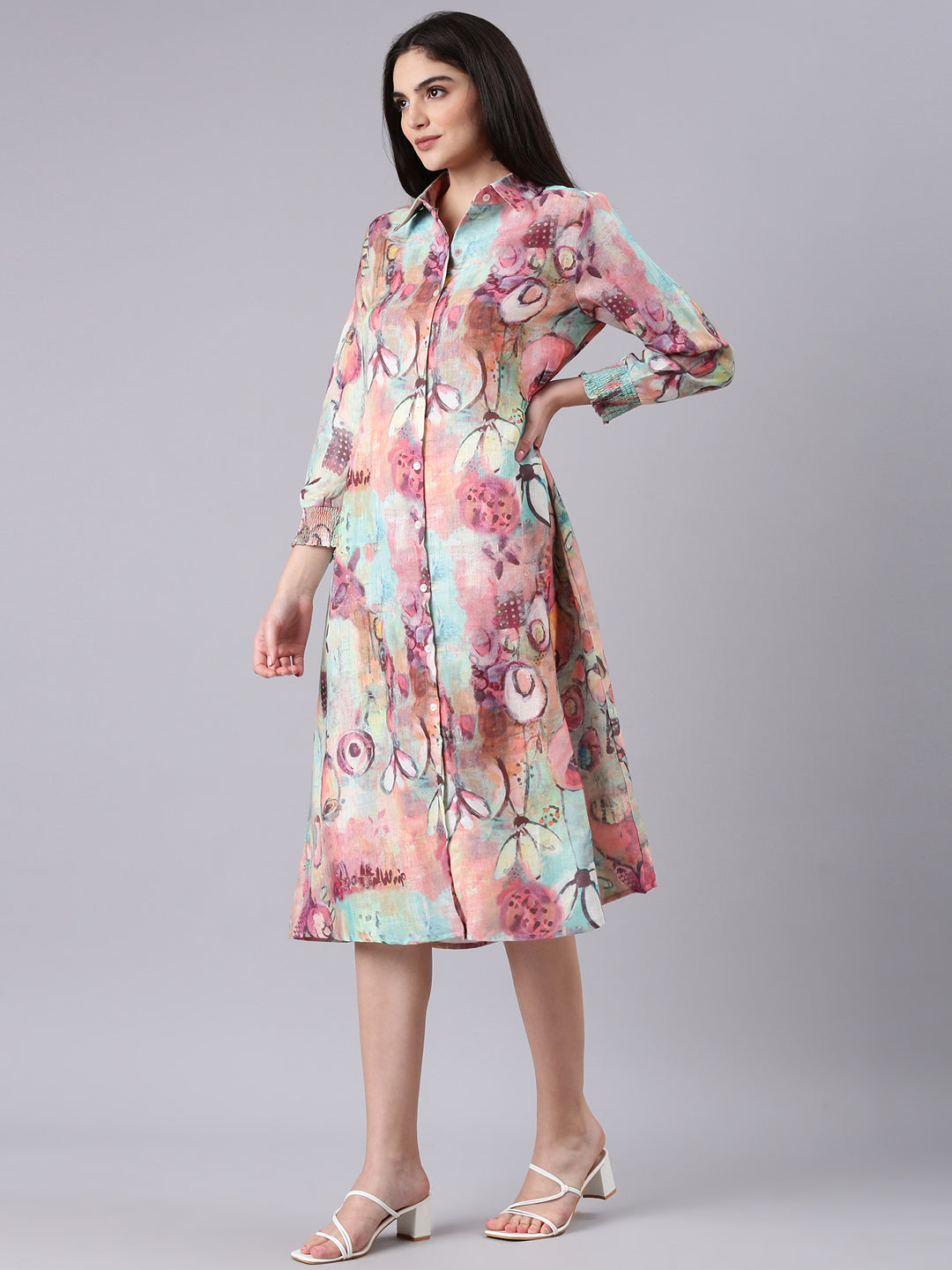 Women Peach Printed Shirt Dress