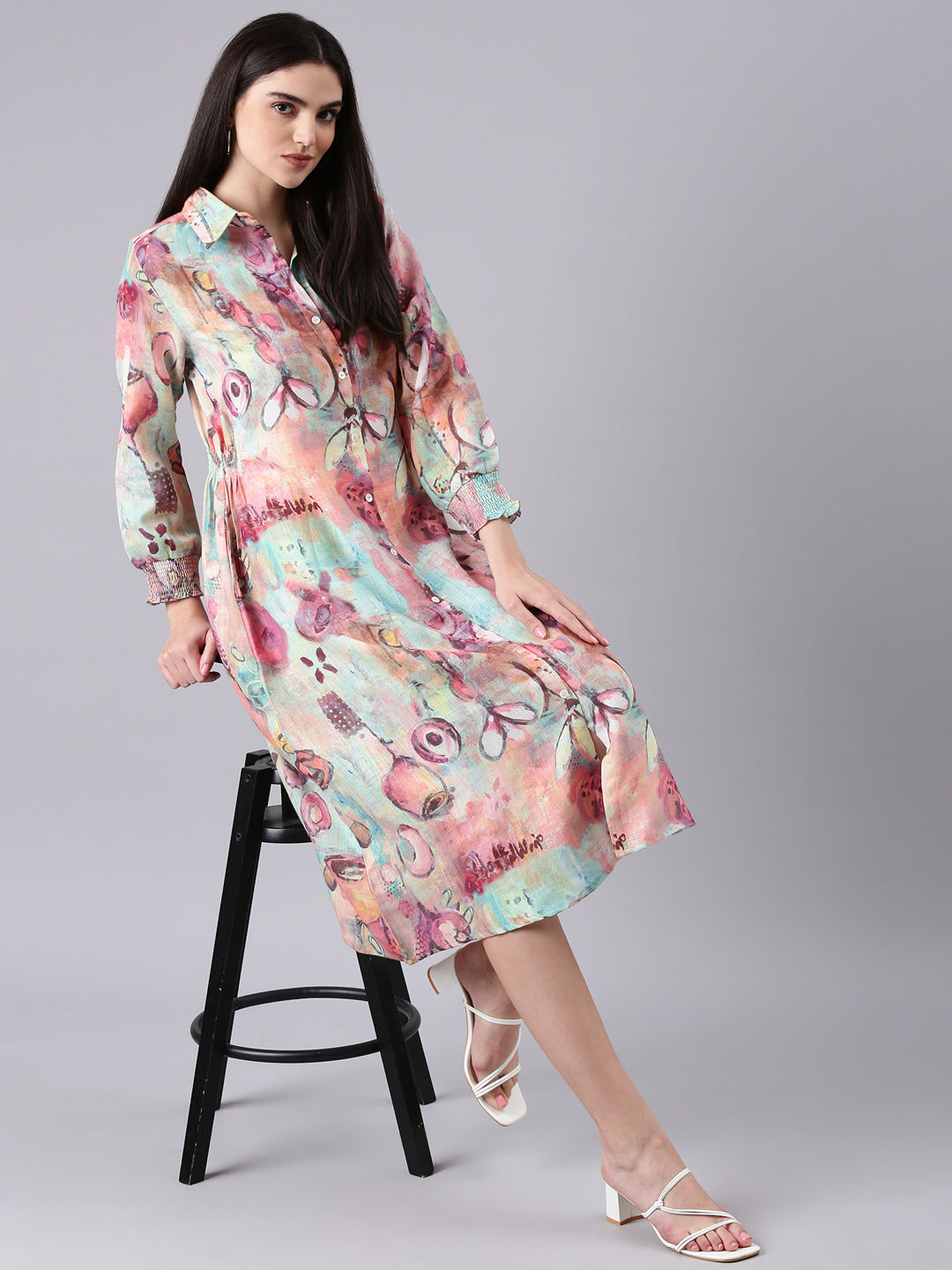 Women Peach Printed Shirt Dress