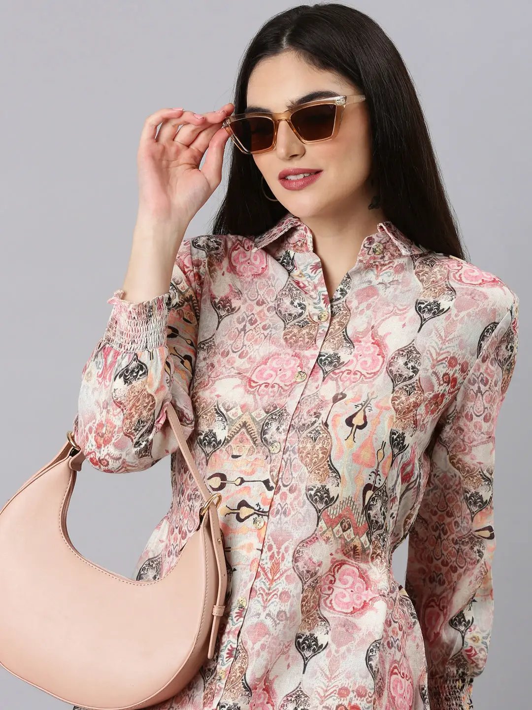 Women's Beige Printed Shirt Dress