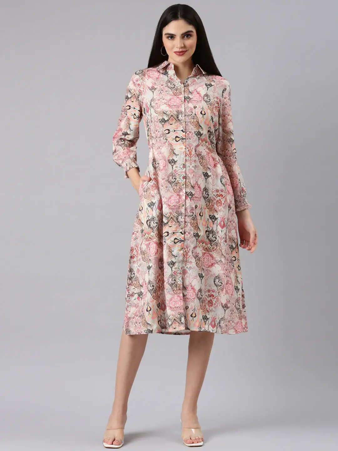 Women's Beige Printed Shirt Dress