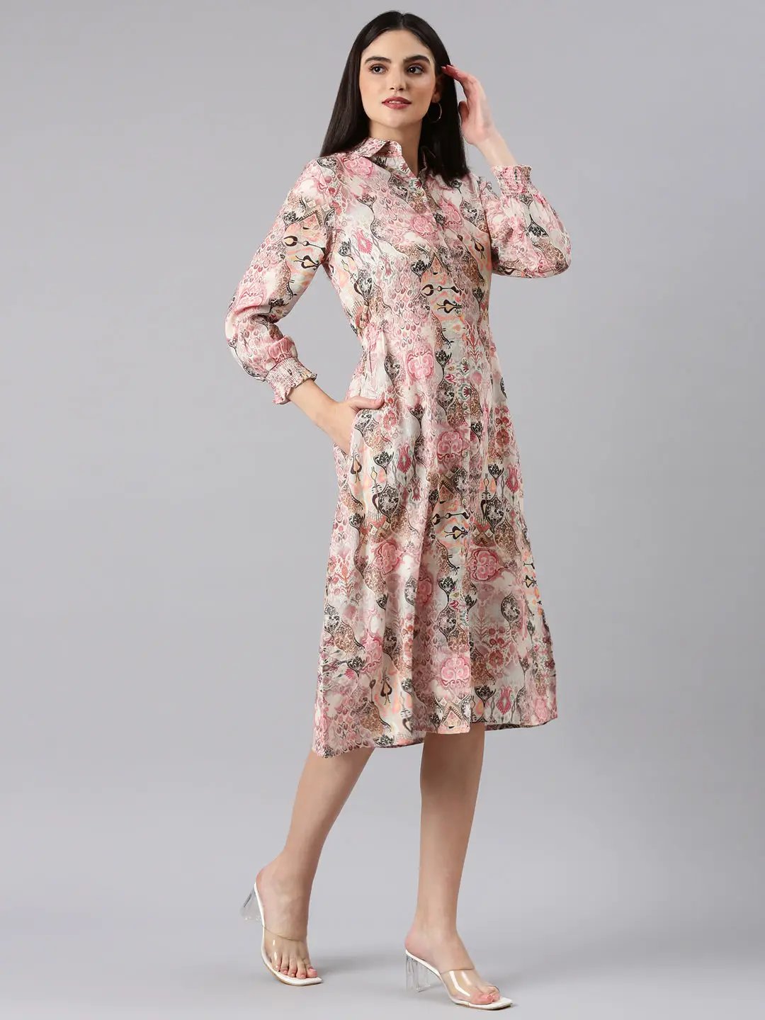 Women's Beige Printed Shirt Dress