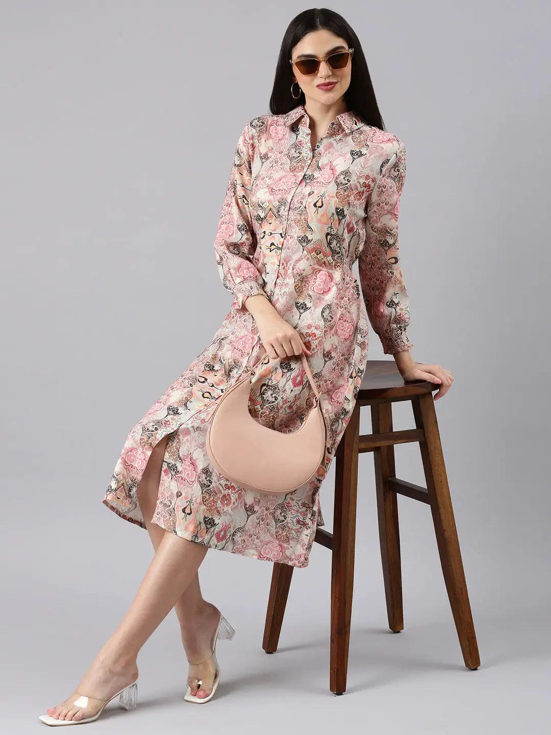 Women's Beige Printed Shirt Dress