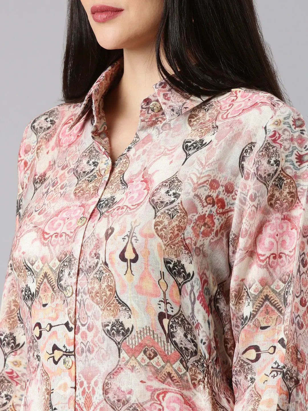 Women's Beige Printed Shirt Dress