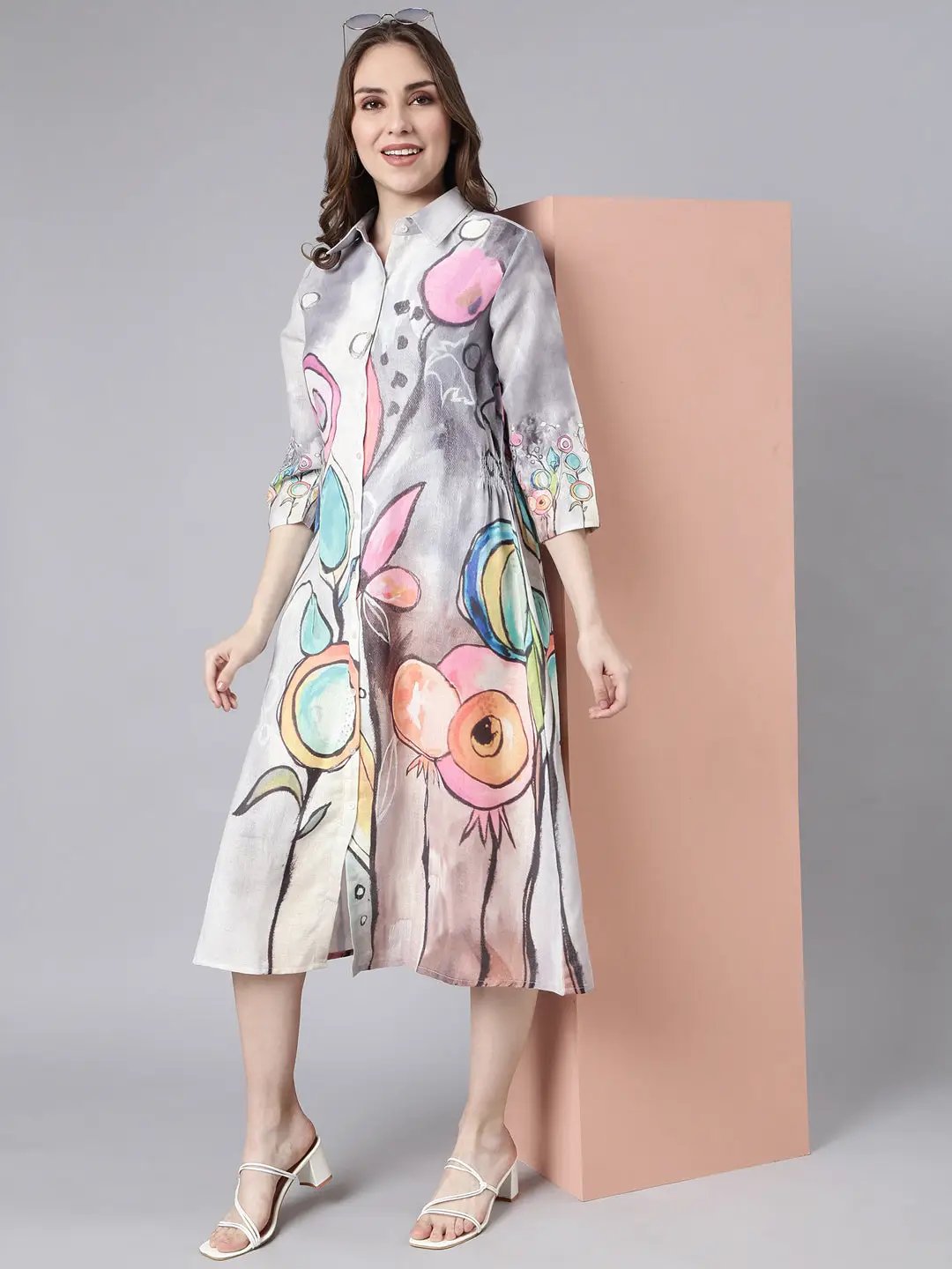 Women's Grey Floral Shirt Dress