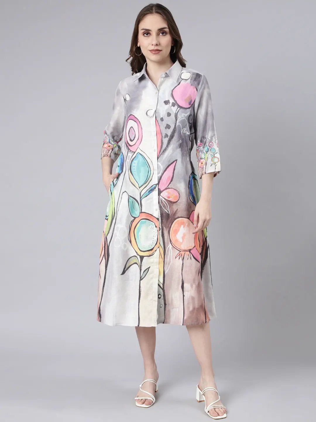 Women's Grey Floral Shirt Dress