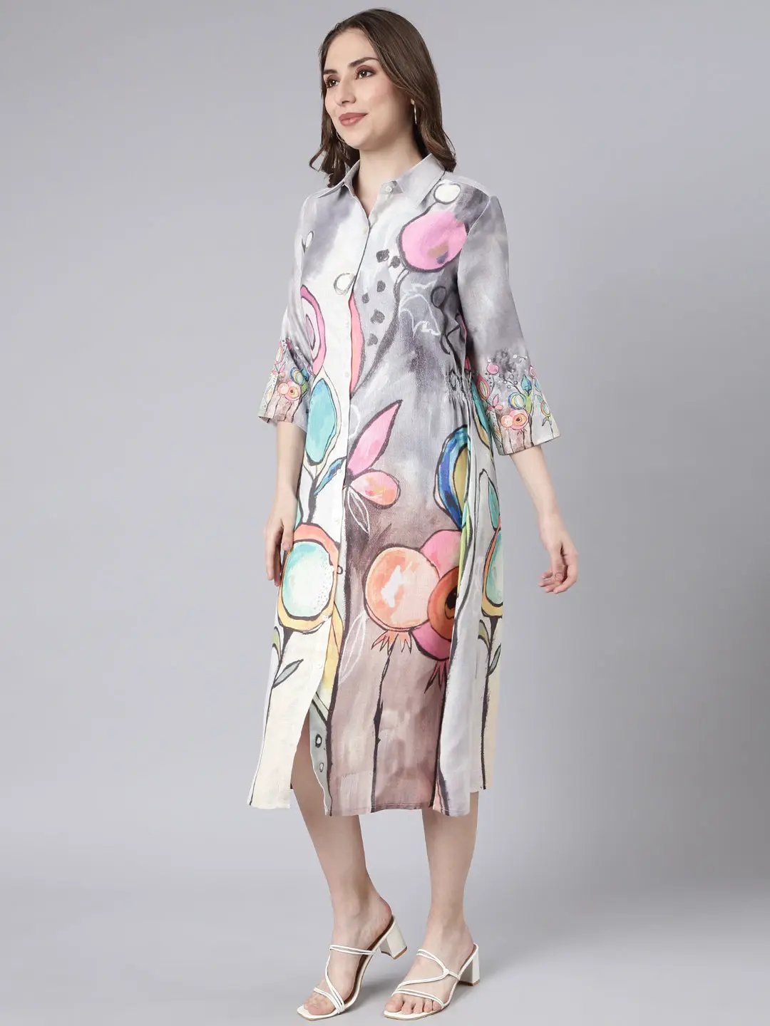 Women's Grey Floral Shirt Dress