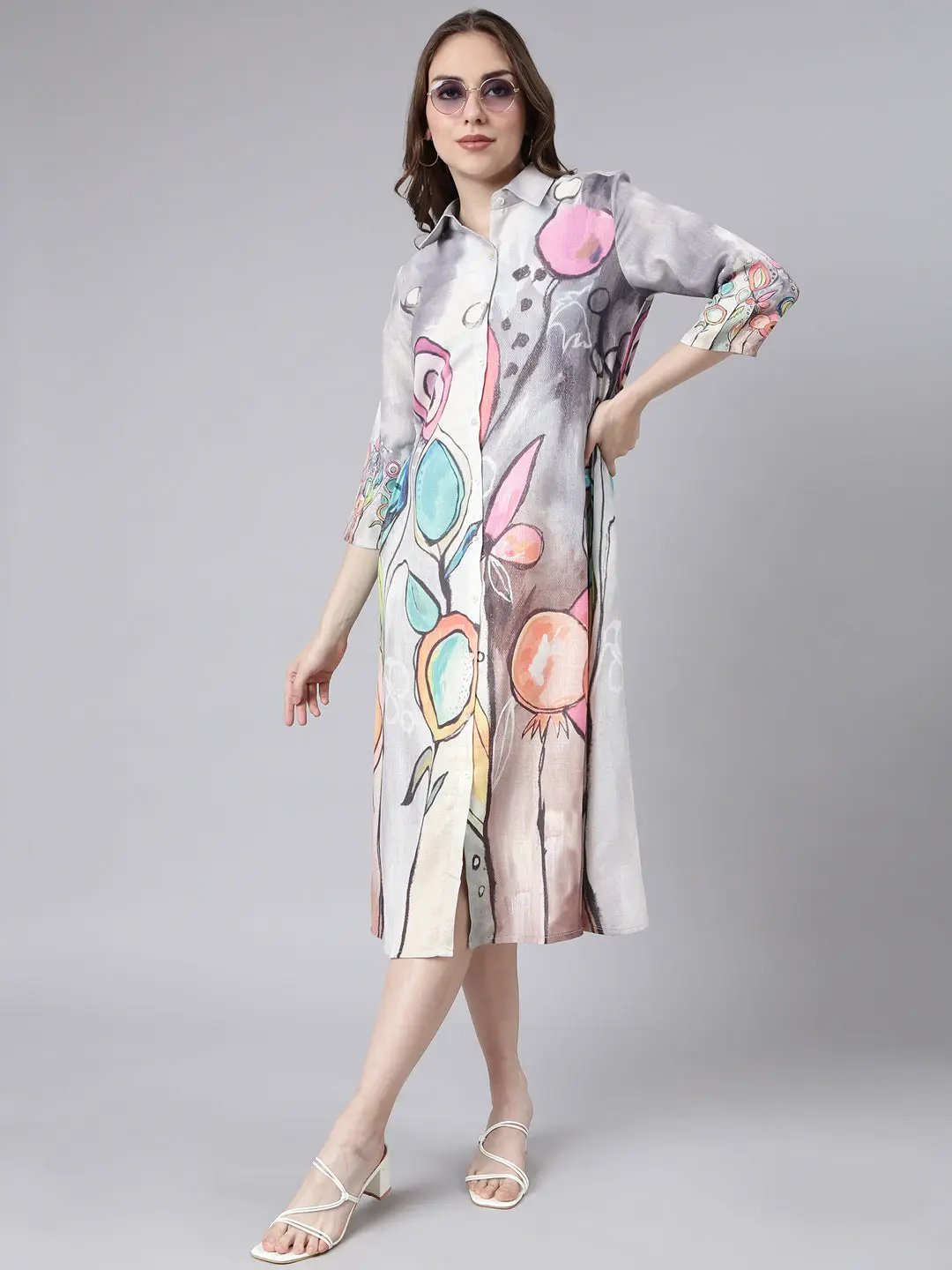 Women's Grey Floral Shirt Dress