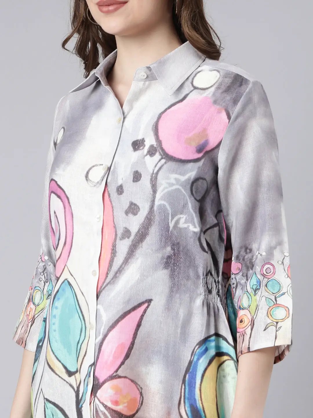 Women's Grey Floral Shirt Dress