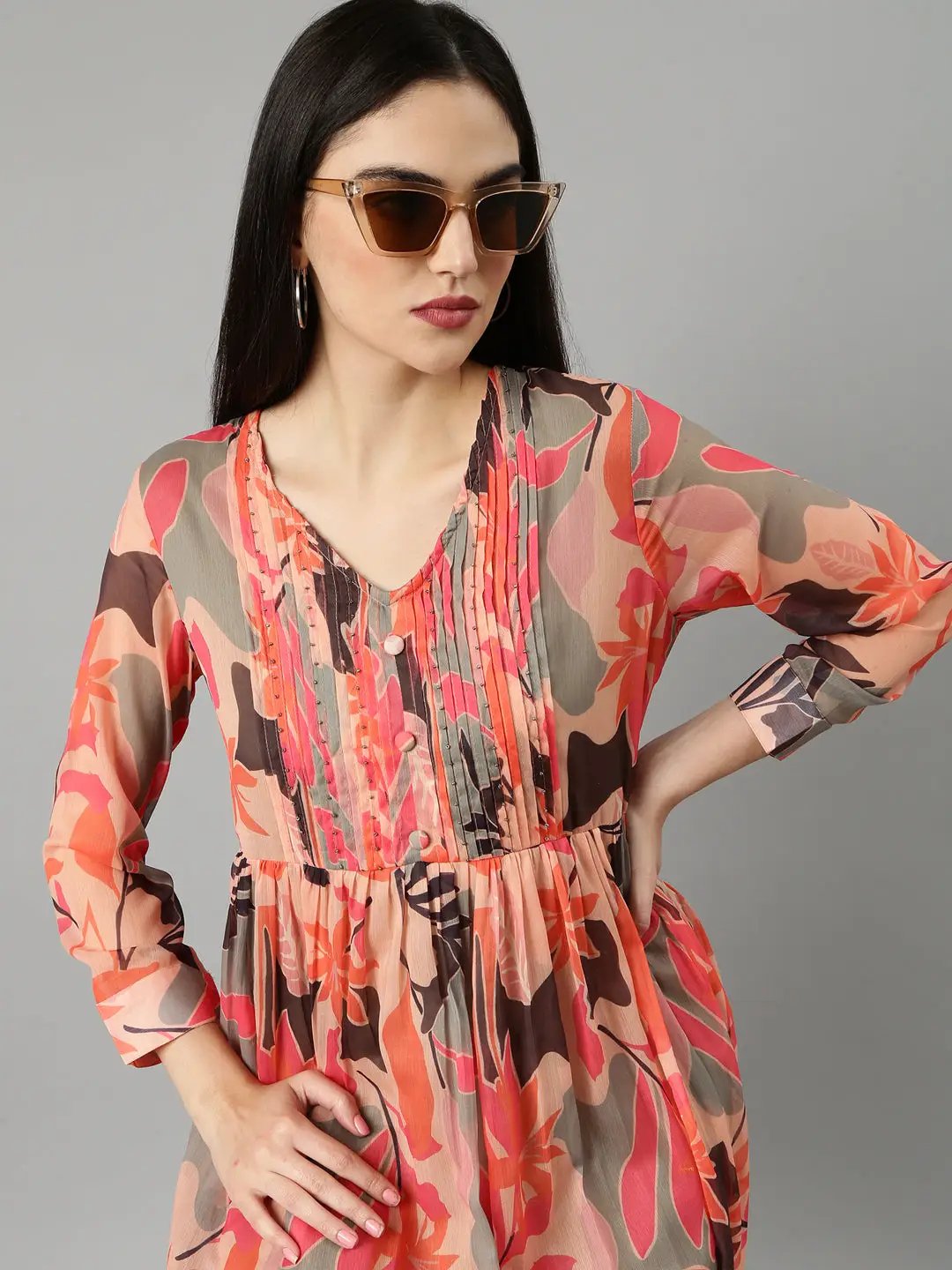 Women's Peach Floral A-Line Dress